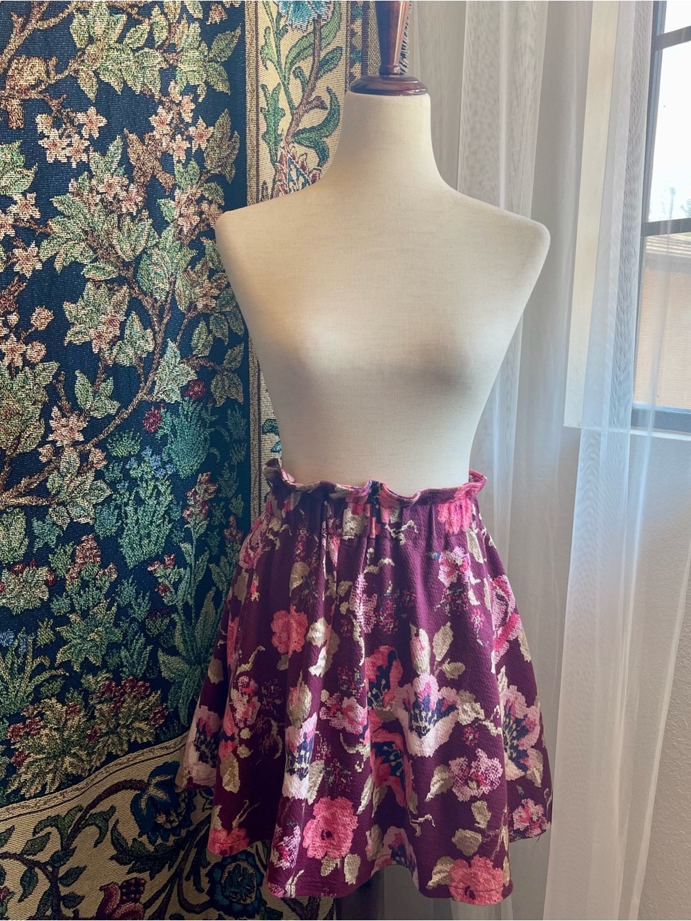 Burgundy / Wine Red Floral Skater Skirt w/ Ruffle Waistband - Lauren Conrad